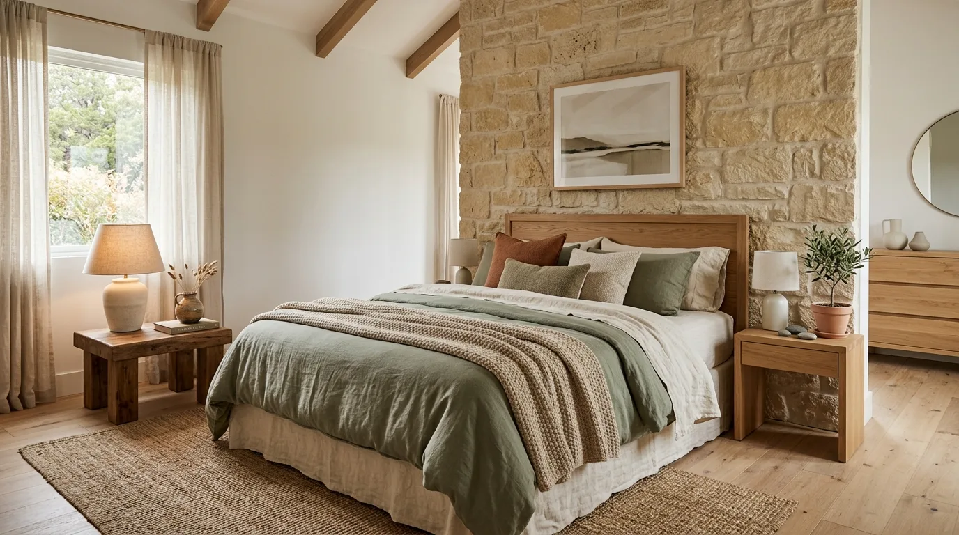 Use a calm palette of beige sand and cream inspiration for an organic modern bedroom.